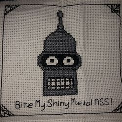 FUTURAMA BENDER KISS MY SHINY METAL @SS COMPLETED FRAMED CROSS STITCH NEW