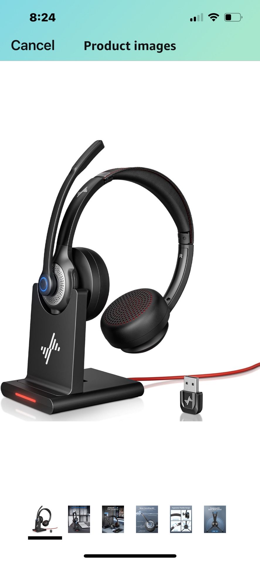 Wireless Headset with AI Noise Cancelling Microphone Bluetooth Headset - Bluetooth V5.2 Headphones with USB Dongle, Charging Base & Mic Mute for Compu