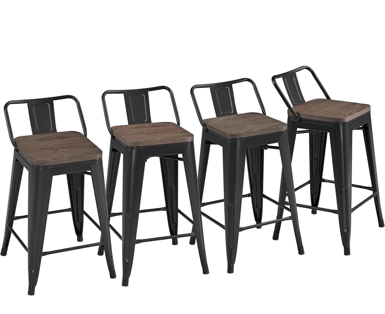 24'' Metal Bar Stool 4PCS Low Back Conuter Stools for Indoor/Outdoor Barstools Metal Black Stools Bar Chairs w/Wooden Seat Metal Leg Industrial Counte