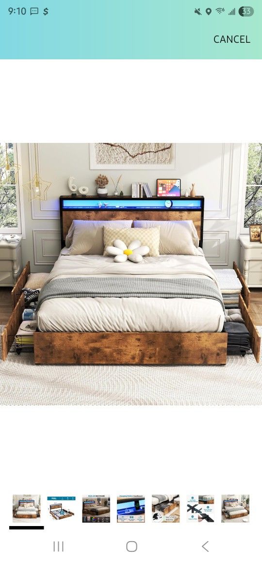 Kiivakii Full Size Bed Frame with Headboard, LED Platform Bed Frames with 4 Storage Drawers, Built in Charging Station, Noise Free, Stable and Solid, 