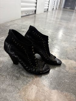 Kenneth Cole Black Leather Studded Open-Toe Heeled Booties