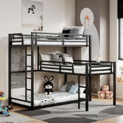 Full Triple Bunk Bed with Side Ladder & Guardrails, Metal Full Triple Bunk Bed Black