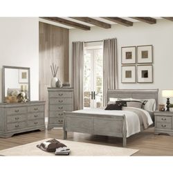 Brand New Gray Queen Sleigh Bedframe + Dresser + Mirror + Nightstand 4PCs Set