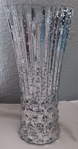 Silver Speckled Mercury Glass Vase Vertical Ribbing Textured Bulbous Bottom 8"T