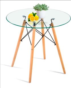 31.5 Inch Modern Round Table Glass with Wood Legs