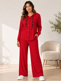 CHICME Women’s XL Red 2 Piece Set Hooded Top Wide Leg Pants Sparkle