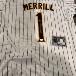 Jackson Merrill Signed Jersey, Authentic Plus Autographed Rookie Baseball Card, Padres, Chargers