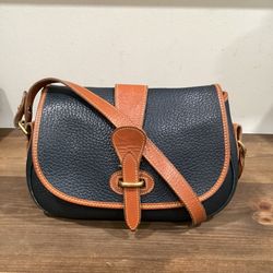 Vintage Dooney & Bourke Crossbody Saddle Bag in Navy and British Tan | All Weather Leather