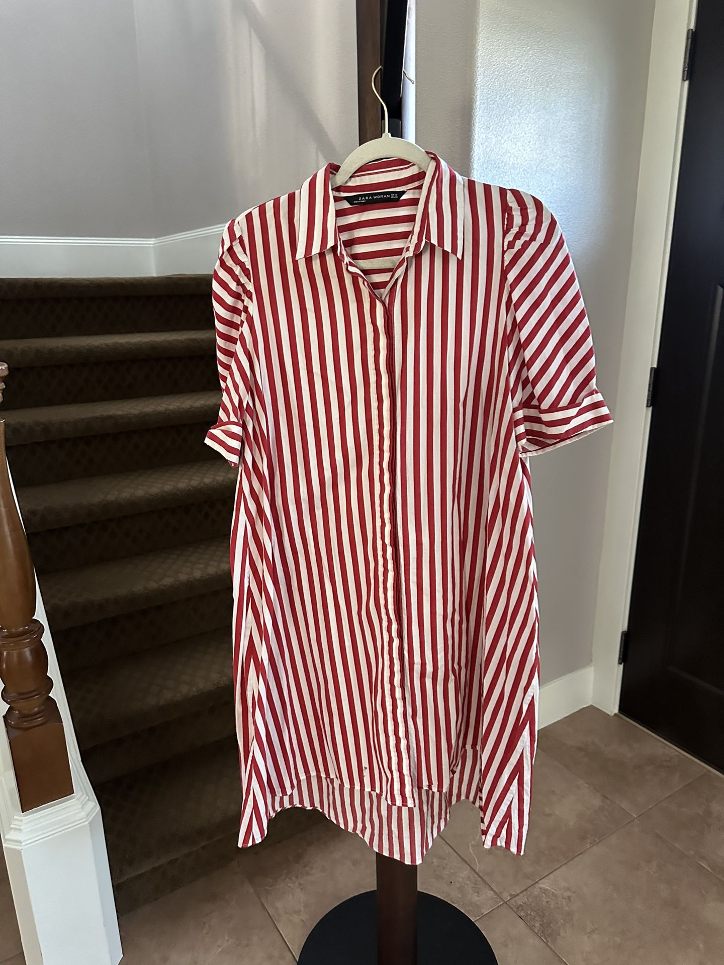 Zara Red & White Pin Striped Shirt Dress