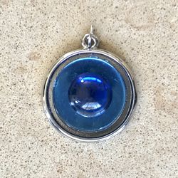 🔵 Gorgeous transparent clear cobalt blue cabochon on blue mirror circle in silver tone setting pendant