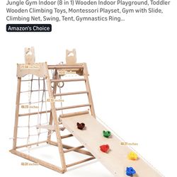Jungle Gym Indoor (8 in 1) Wooden Indoor Playground, Toddler Wooden Climbing Toys, Montessori Playset, Gym with Slide, Climbing Net, Swing, Tent, Gymn
