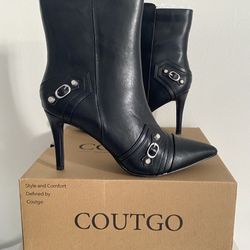 Coutgo High Heel Ankle Boots Pointed Toe Sexy Stiletto Studded Motorcycle Zipper