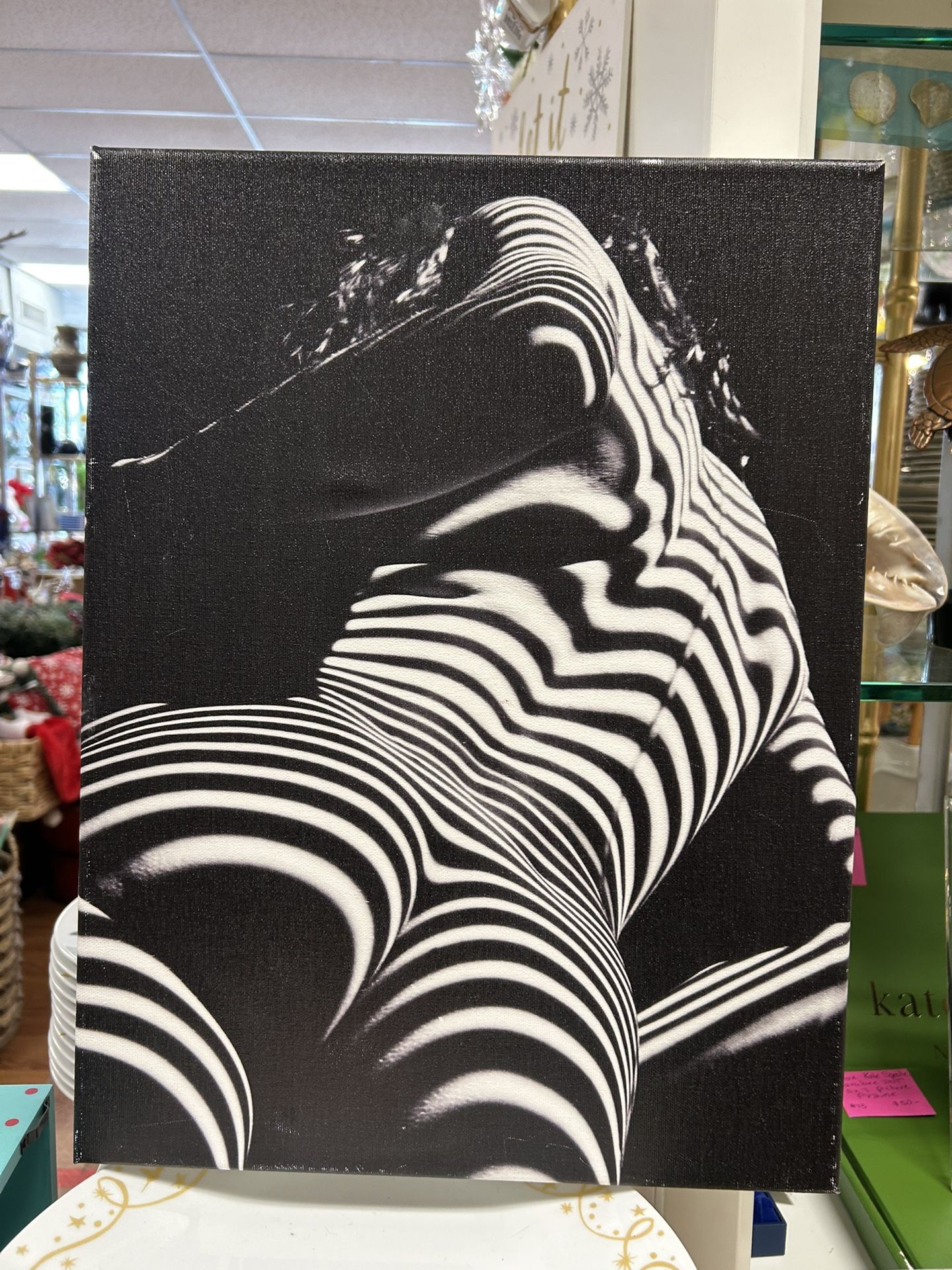 Nude woman black & white zebra stripe canvas 13x17