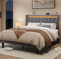 Full bed LED Frame with Charging Station, Velvet Upholstered Platform Bed with Geometric Wingback Headboard, Modern Frame with No Box Spring Needed, E