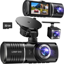 3-Channel Dash Cam – 1296P Front + Rear + Inside, 32GB Card, Night Vision – Open Box Like New