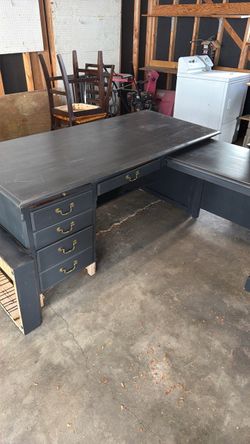 Large Dark Blue L-Shaped Wood Desk