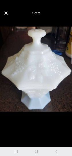Milk Glass Covered Candy Dish with Grape Pattern
