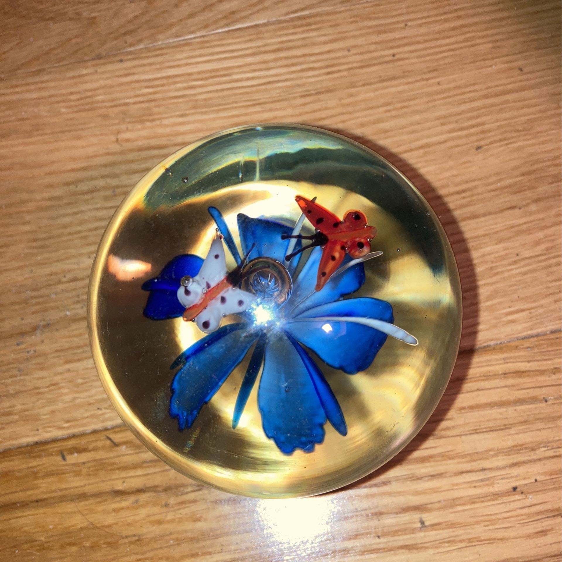 Art Glass Paperweight, Flower & Butterflies