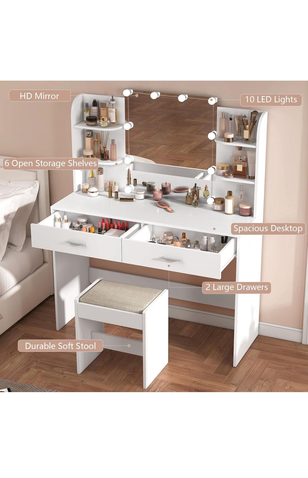 (NEW AND UNOPENED) Makeup Vanity Desk with Mirror and 10 LED Lights, 2 Drawers and Open Shelves