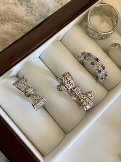 Sterling silver Rings  each Priced $25 🌿🦋🌿 Bow Rings with fine Christals 🦋 Pretty Rose Necklace  $25  Come Visit For More Jewelry 