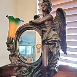 Antique Angel Lamp And Light Mirror Perfect One-of-a-kind Heavy