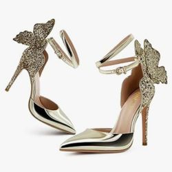 Gold High Heels Butterfly Back Sexy Stiletto Pumps Closed Toe Sparkly Ankle Strap Heels Sandals Dress Shoes 