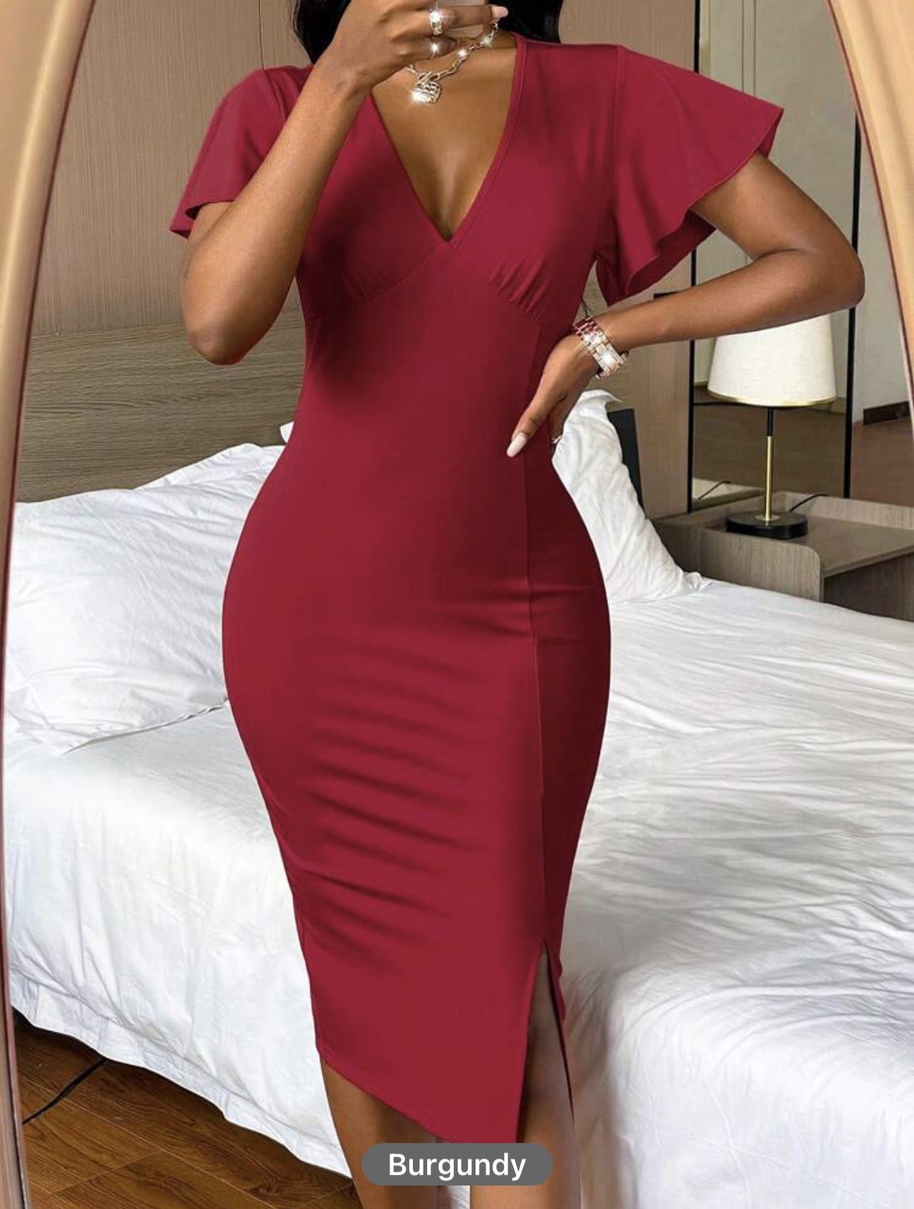 Plunging Neck Butterfly Sleeve Split Thigh Bodycon Dress *NEW*
