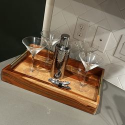 Cocktail Serving Set w/ Wooden Tray & Martini Glasses