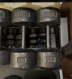 Vintage York Roundhead 55 lb dumbbells 55lbs 55lb dumbbell lbs weights weight round head roundheads Cast Iron USA stamped