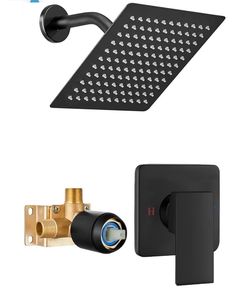 Black Shower Faucet Set, 8 Inch Square Wall Mounted Rainfall Shower Head with Rough-in Valve Body, Modern Bathroom Shower Trim Kit, Stainless Steel Si