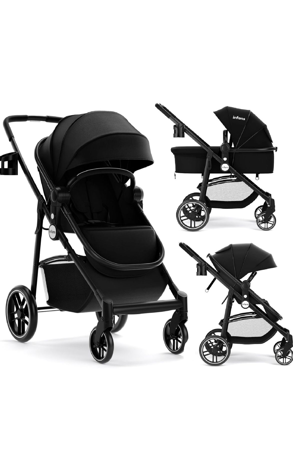 INFANS 2 in 1 Baby Stroller, High Landscape Infant Stroller & Reversible Bassinet Pram, Foldable Pushchair with Adjustable Canopy, Storage Basket