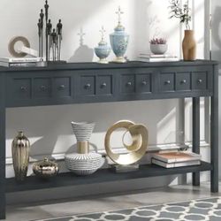 Rustic 60 in. Navy Standard Rectangle Wood Console Table with 4-Drawers and Bottom Shelf