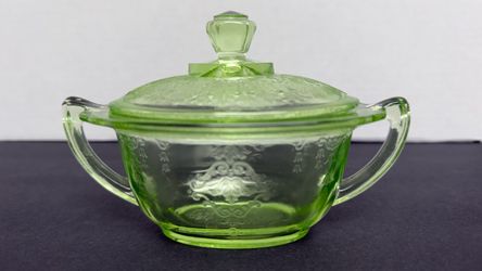 Uranium Green Depression Glass Sugar Bowl with Lid