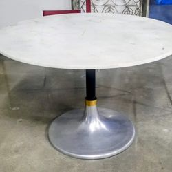 CB2 Hackney Marble Dining Table 44" Round White Banswara Marble Tri‑Metal Pedestal