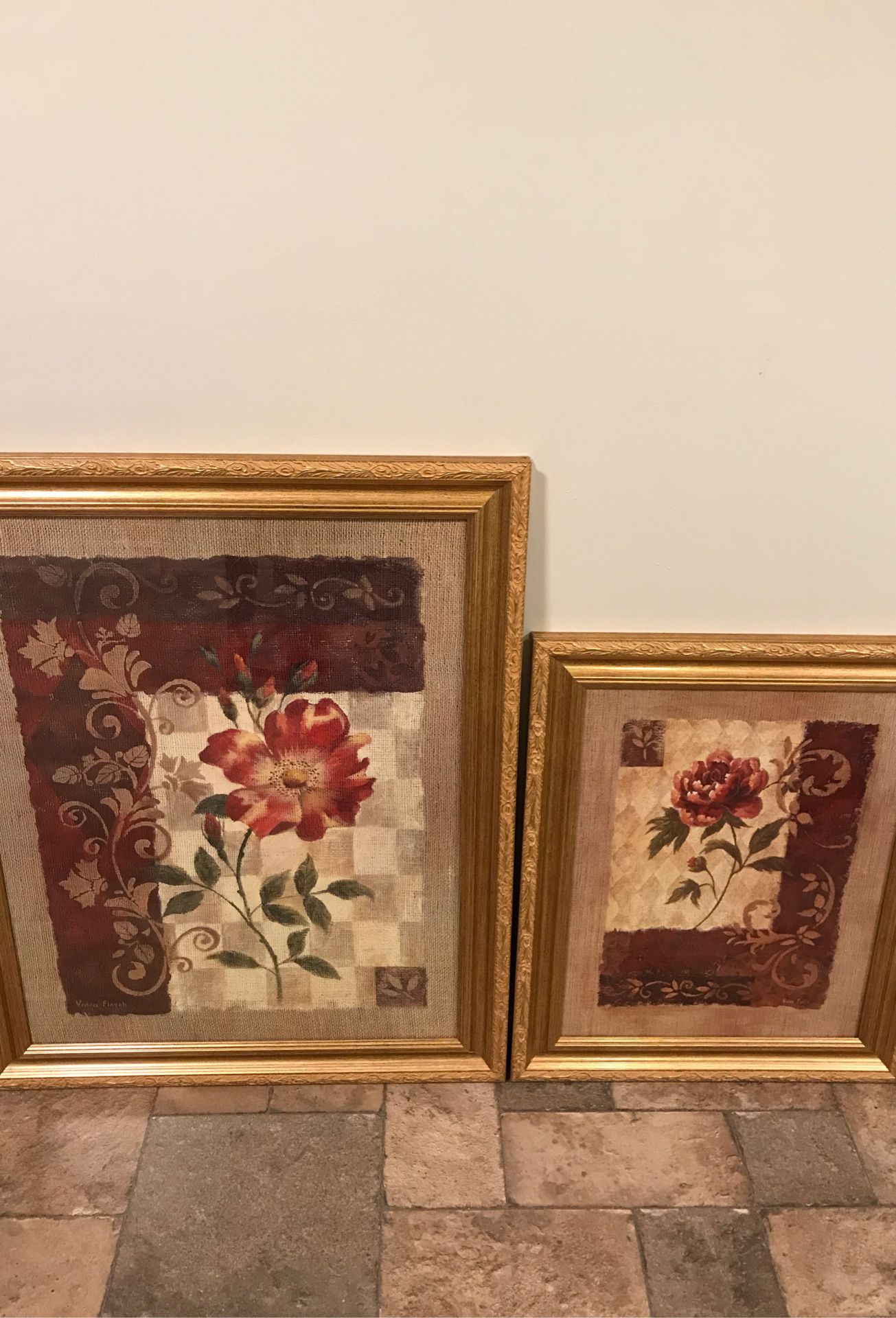 Vivian Flasch burlap flower prints - vintage framed