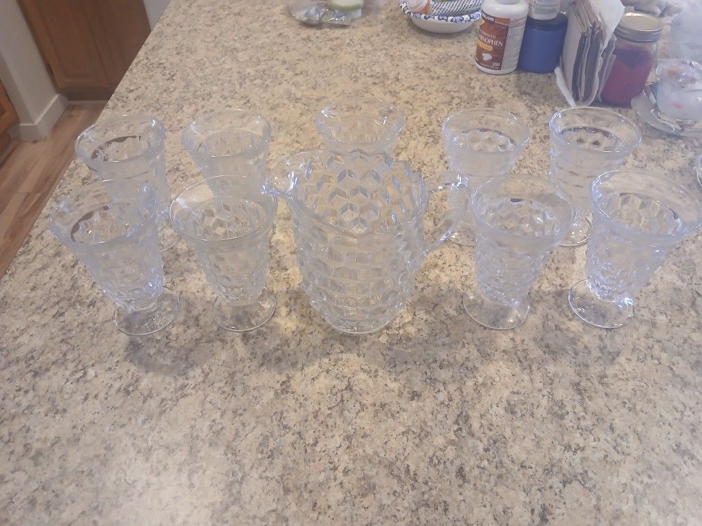 Vintage Fostorna American Pattern Pitcher And Glasses
