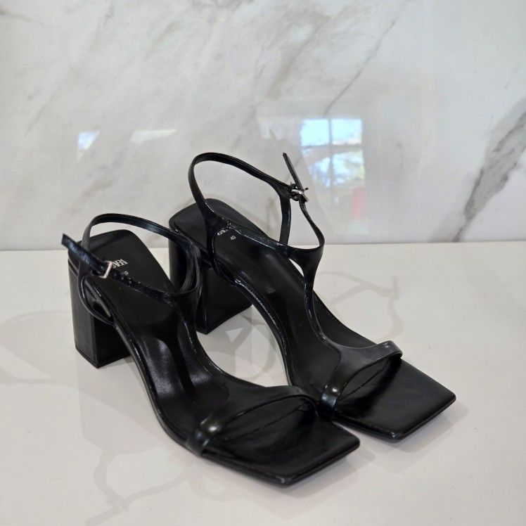 ZARA Square open toe anklestrap chunky block heel Black Women's Sandals Size 40