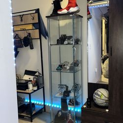 Glass Display Case Cabinet with Chrome Support w/ Wood Finish on Top and Bottom