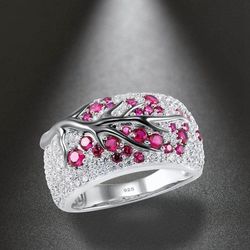 925 Sterling Silver Pink Tree Branch Leaves Blossom Ring - Size 7