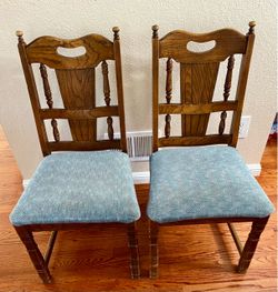 Pair of Wooden Dining Chairs with Blue Upholstered Seats