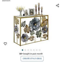 Console Table, Vintage Art Sofa Table with Metal Flower Decor, Slim Entryway Tables with Glass Mirror Desktop Behind Sofa, Narrow Accent Sofa Tables f