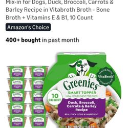 Greenies Smart Topper High Protein Wet
Mix-in for Dogs, Duck, Broccoli, Carrots &
Barley Recipe in Vitabroth Broth - Bone
Broth + Vitamins E & B1, 10 