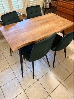 5-Piece Dining Table Set, 47 in Modern Irregular Rectangle Table & 4 Forest Green Velvet Chairs