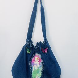 Durable Denim Boho Bag For Women. Handmade Vintage Style Ariel And Butterflies Patched. Denim Bag With Elastic Stretchy On Top. Clean Hippie Hobo