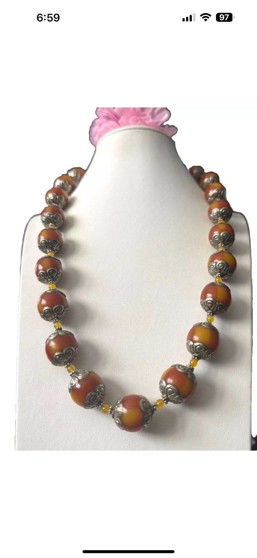 Stunning Vintage style ethnic theme hand carved Amber resin beads with silver cap necklace 25”inch