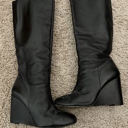 Knee High Wedge Leather Boots Size 10