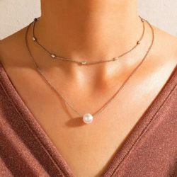 BRAND NEW WITH TAG IN PACKAGE SILVER PLATED 2 LAYER PEARL PENDANT CHOKER NECKLACE GIFT FOR HER 