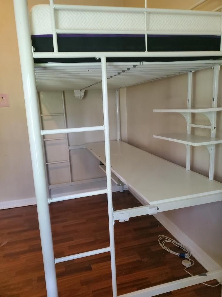 Metal Loft Bed with Desk White 