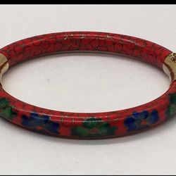 Vintage Cloisonné Red Flower Hinged Bangle Bracelet