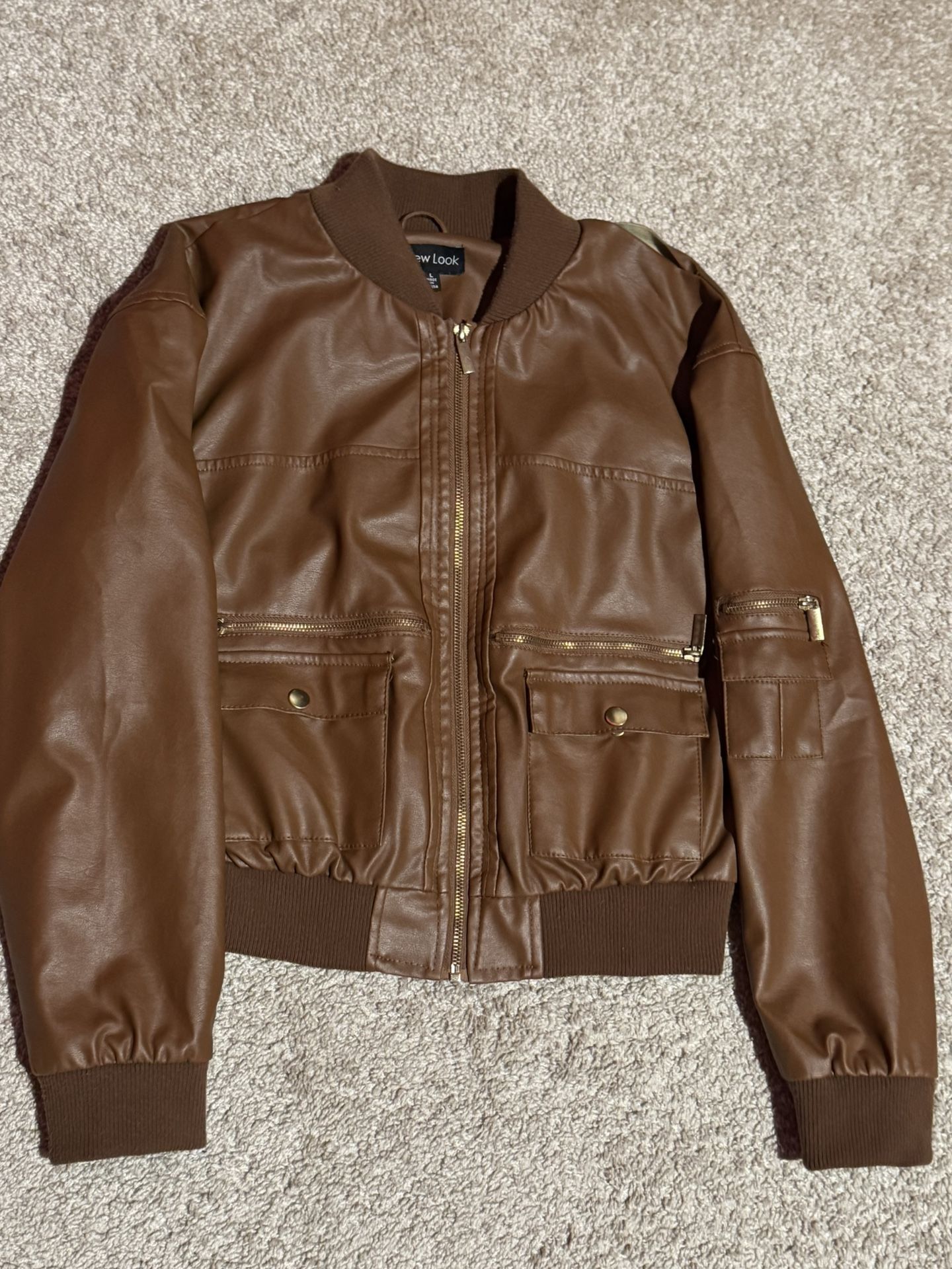 New look brown leather jacket (size: large)